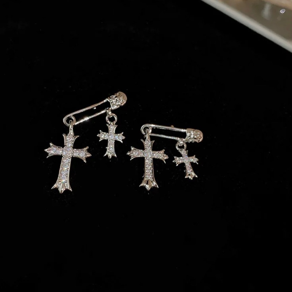 Silver Plated Gothic Double Cross Safety Pin Earrings w/ Zircon Inlay - Picture 2 of 7